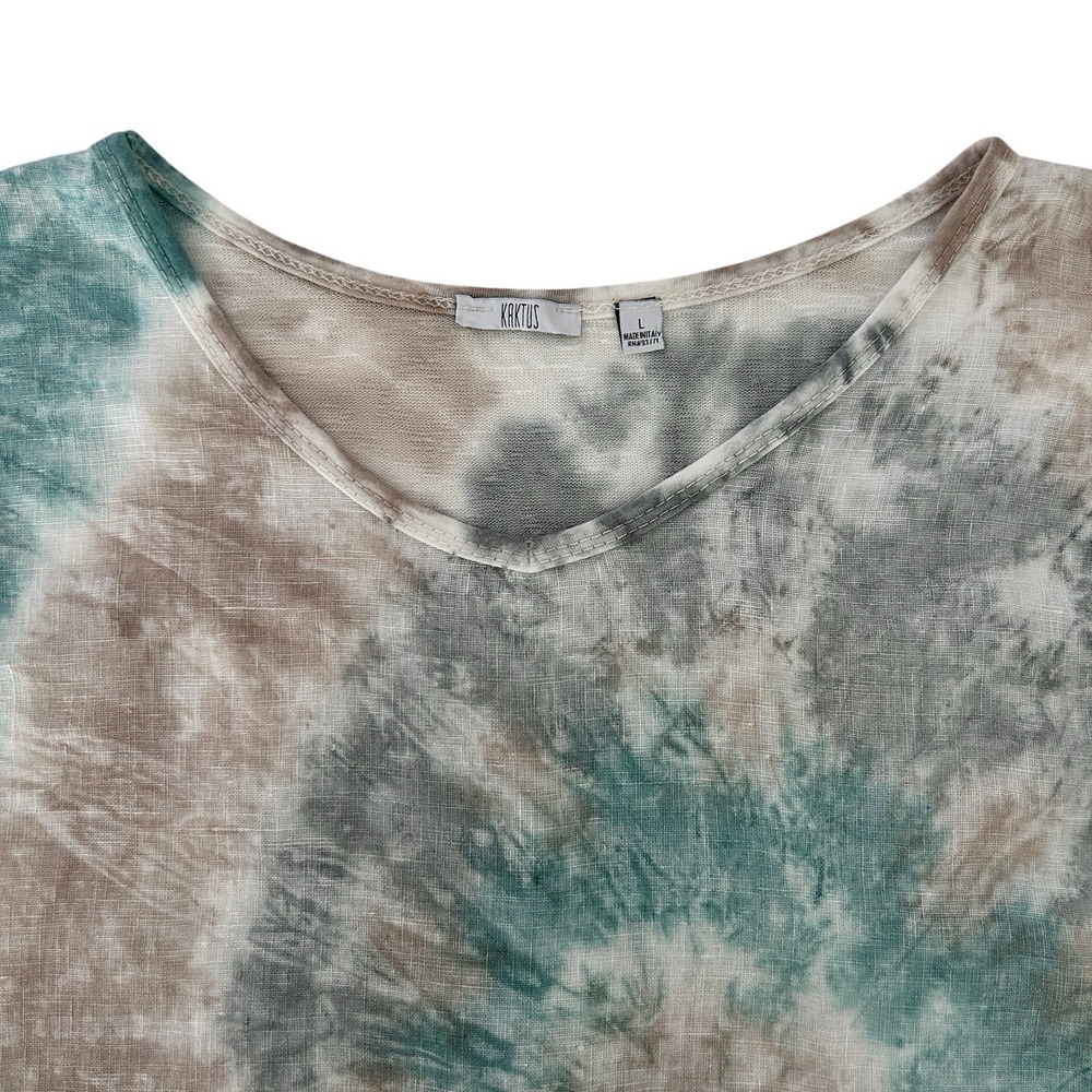 Kaktus Size Large 100% Linen Made in Italy Tie Dye Roll Tab Sleeve V-Neck Top - Picture 7 of 14